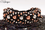 Beaded intertwining herringbone macrame bracelet ⎮ Black, silver and copper