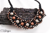 Beaded intertwining herringbone macrame necklace ⎮ Black, silver and copper