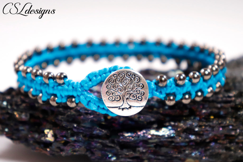 Sky Blue Beads Black Cord Macrame Beaded Bracelet 