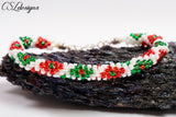 Festive diamonds beaded kumihimo bracelet ⎮ White, red and green