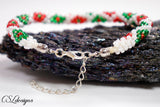 Festive diamonds beaded kumihimo bracelet ⎮ White, red and green