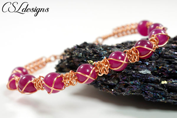 Cross wire macrame bracelet ⎮ Copper and pink