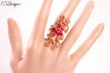 Flower and leaves wirework ring ⎮ Copper and pink
