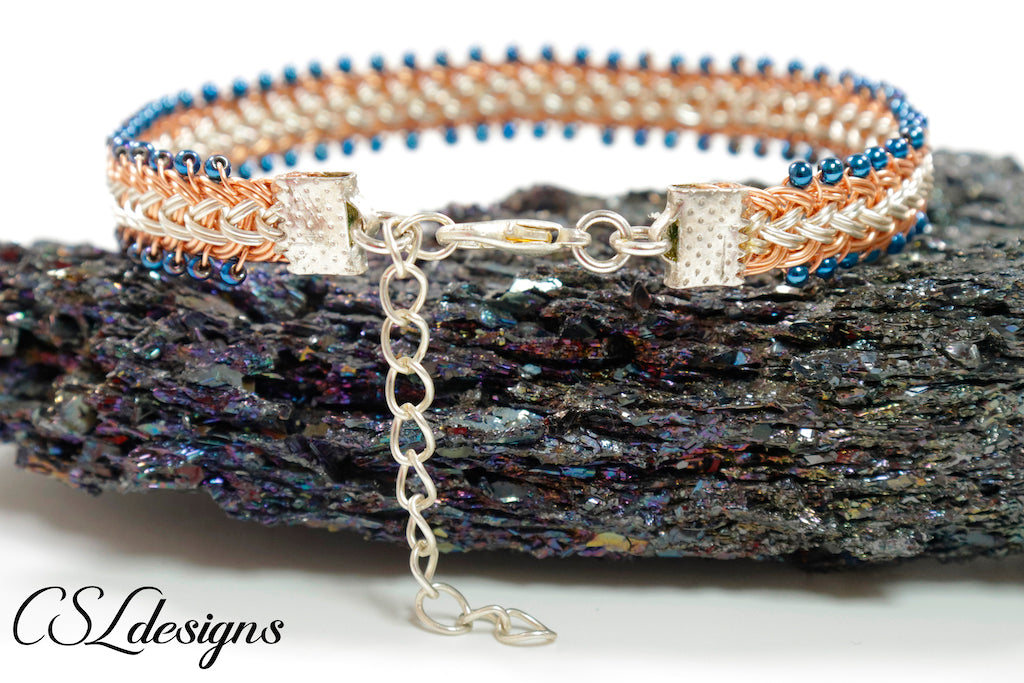 Beaded half round wire kumihimo bracelet ⎮ Silver, copper and