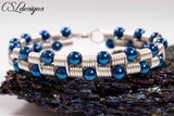 Beaded coils wirework bracelet ⎮ Silver and blue
