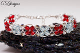 Flower braided wirework bracelet ⎮ Silver, red and blue