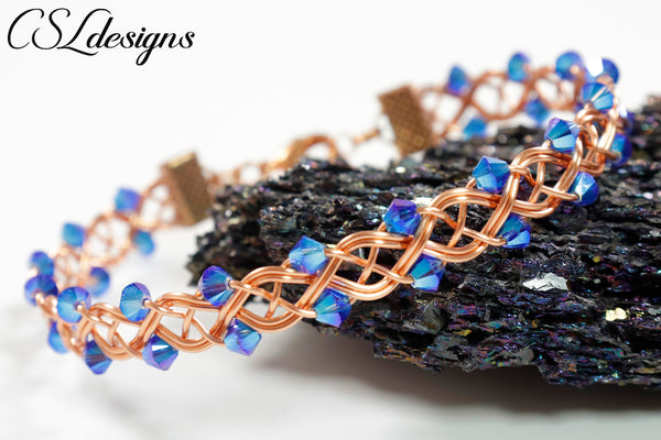 Outside beaded 4 strand braid wirework bracelet ⎮ Copper and blue
