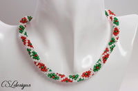 Festive diamonds beaded kumihimo necklace ⎮ White, red and green