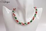 Festive diamonds beaded kumihimo necklace ⎮ White, red and green