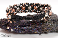 Beaded intertwining herringbone macrame bracelet ⎮ Black, silver and copper