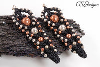 Beaded intertwining herringbone macrame earrings ⎮ Black, silver and copper