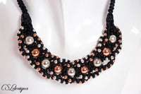 Beaded intertwining herringbone macrame necklace ⎮ Black, silver and copper