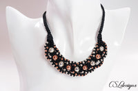 Beaded intertwining herringbone macrame necklace ⎮ Black, silver and copper