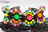 Beaded circles micro macrame bracelet ⎮ Black and neon