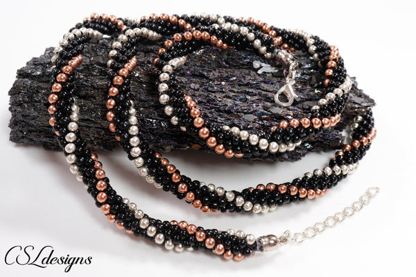 Metallic stripes beaded kumihimo necklace ⎮ Black, silver and