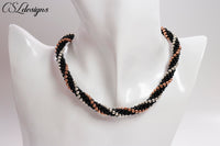 Metallic stripes beaded kumihimo necklace ⎮ Black, silver and copper