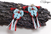 Micro macrame owl earrings ⎮ Blue and burgundy