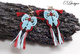 Micro macrame owl earrings ⎮ Blue and burgundy