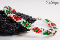 Festive diamonds beaded kumihimo bracelet ⎮ White, red and green