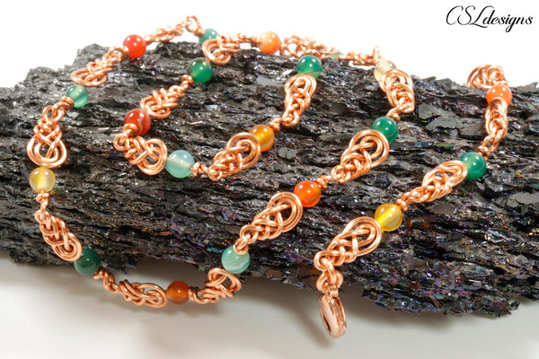 Pipa knot wirework chain bracelet ⎮ Copper, green and orange