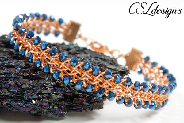 Beaded half round wire kumihimo bracelet ⎮ Copper and blue