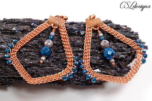 Peacock wire kumihimo earrings ⎮Copper, blue and silver