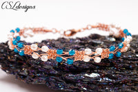 Alternating square knot wire macrame bracelet ⎮ Copper, blue and white