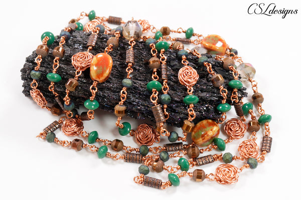 Long rose necklace ⎮ Copper and multicoloured