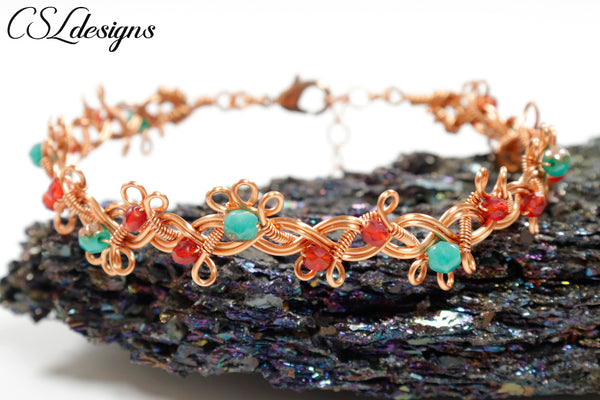 Organic braid wirework bracelet ⎮ Copper, red and green
