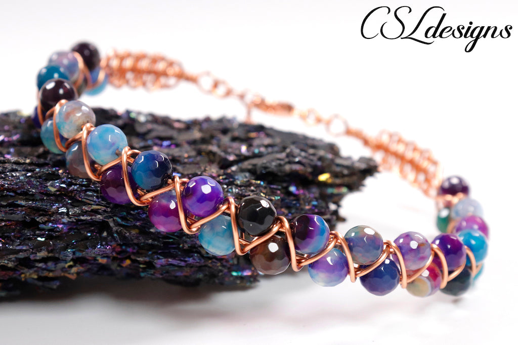 Glamorous and vibrant filigree artistic hotsell wire crochet bracelet with Inlaid sparkly purple satin strip .