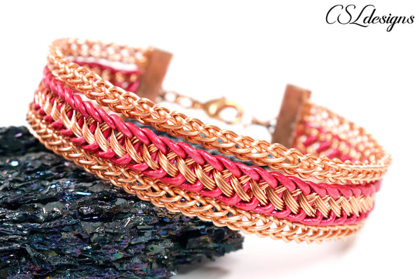 Framed wire kumihimo bracelet ⎮ Copper and pink