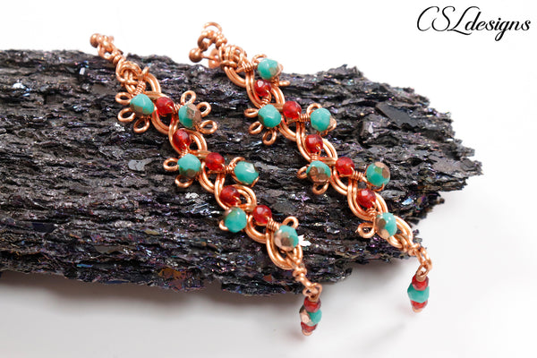 Organic braid wirework earrings ⎮ Copper, red and green