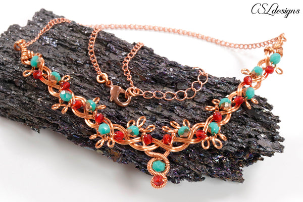 Organic braid wirework necklace ⎮ Copper, red and green
