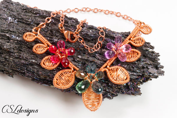 Flowers and leaves wirework necklace ⎮ Copper and multicoloured