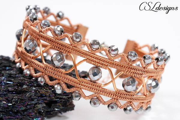 Beaded art deco wirework bracelet ⎮ Copper and silver