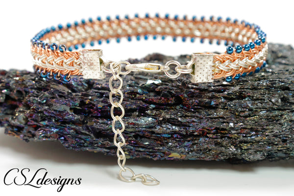 Beaded half round wire kumihimo bracelet ⎮ Silver, copper and