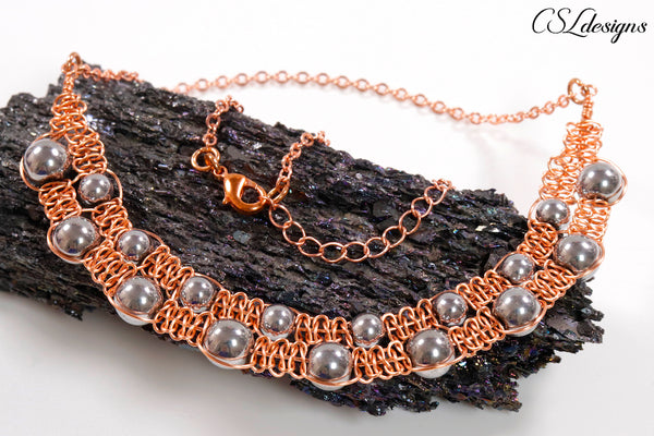 Double row wire macrame necklace ⎮ Copper and silver