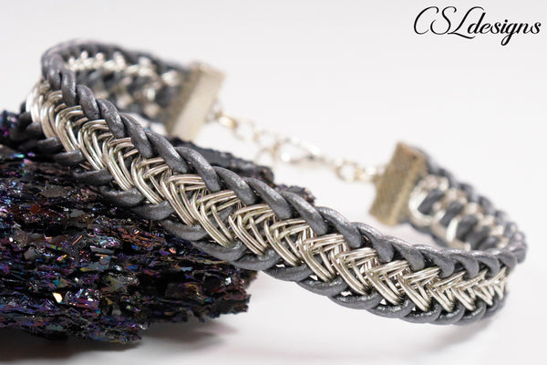 Unisex leather and wire kumihimo bracelet ⎮ Silver and grey