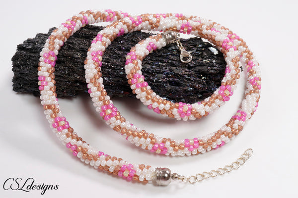 Cherry blossom vines beaded kumihimo necklace ⎮ White, pink and brown