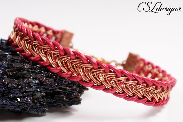 Unisex leather and wire kumihimo bracelet ⎮ Copper and pink