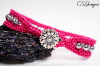 Framed beaded kumihimo bracelet ⎮ Pink and silver