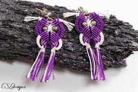 Micro macrame owl earrings ⎮ Purple and white