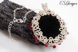 Beaded organic wirework cabochon necklace ⎮ Silver, black and red