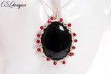 Beaded organic wirework cabochon necklace ⎮ Silver, black and red