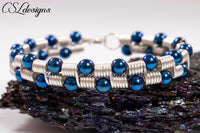 Beaded coils wirework bracelet ⎮ Silver and blue
