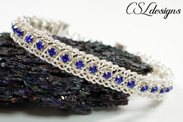 Rhinestone chain wire kumihimo bracelet ⎮ Silver and blue