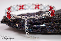 Flower braided wirework bracelet ⎮ Silver, red and blue