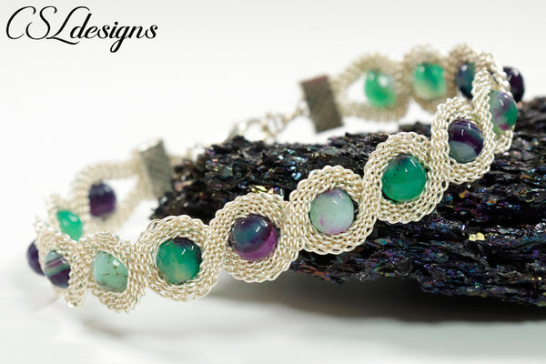 Beaded twisted wire kumihimo bracelet ⎮ Silver and green/purple