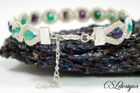 Beaded twisted wire kumihimo bracelet ⎮ Silver and green/purple