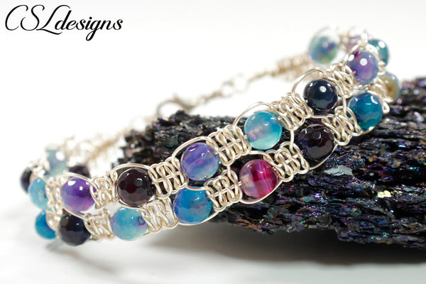 Double row wire macrame bracelet ⎮ Silver, blue and purple
